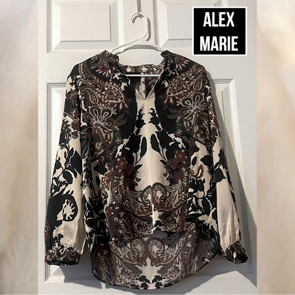 NEW-Alex Marie Harley Printed Satin Long Sleeve V-Neck Blouse-Size:Medium